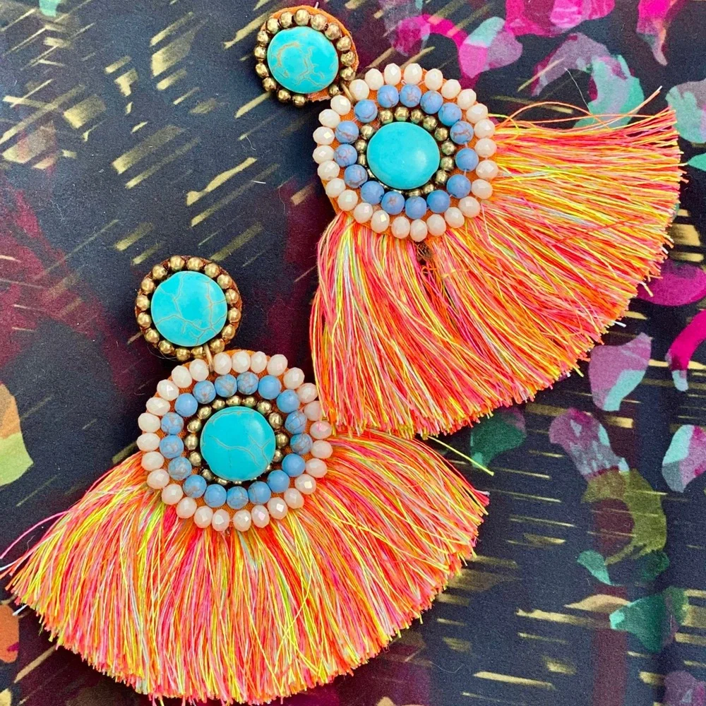 NEIMAN MARCUS Hand Beaded Fringe Statement Earrings - Picture 3 of 15